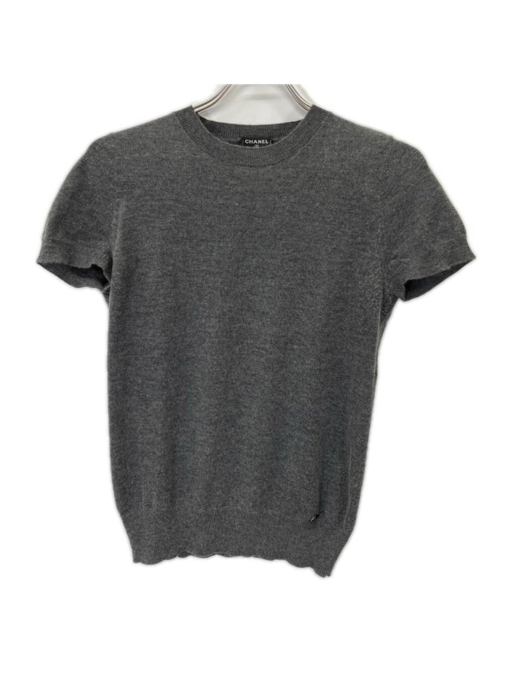 Chanel Gray Cashmere Silk CC Logo Plate Short Sleeve Knit 36